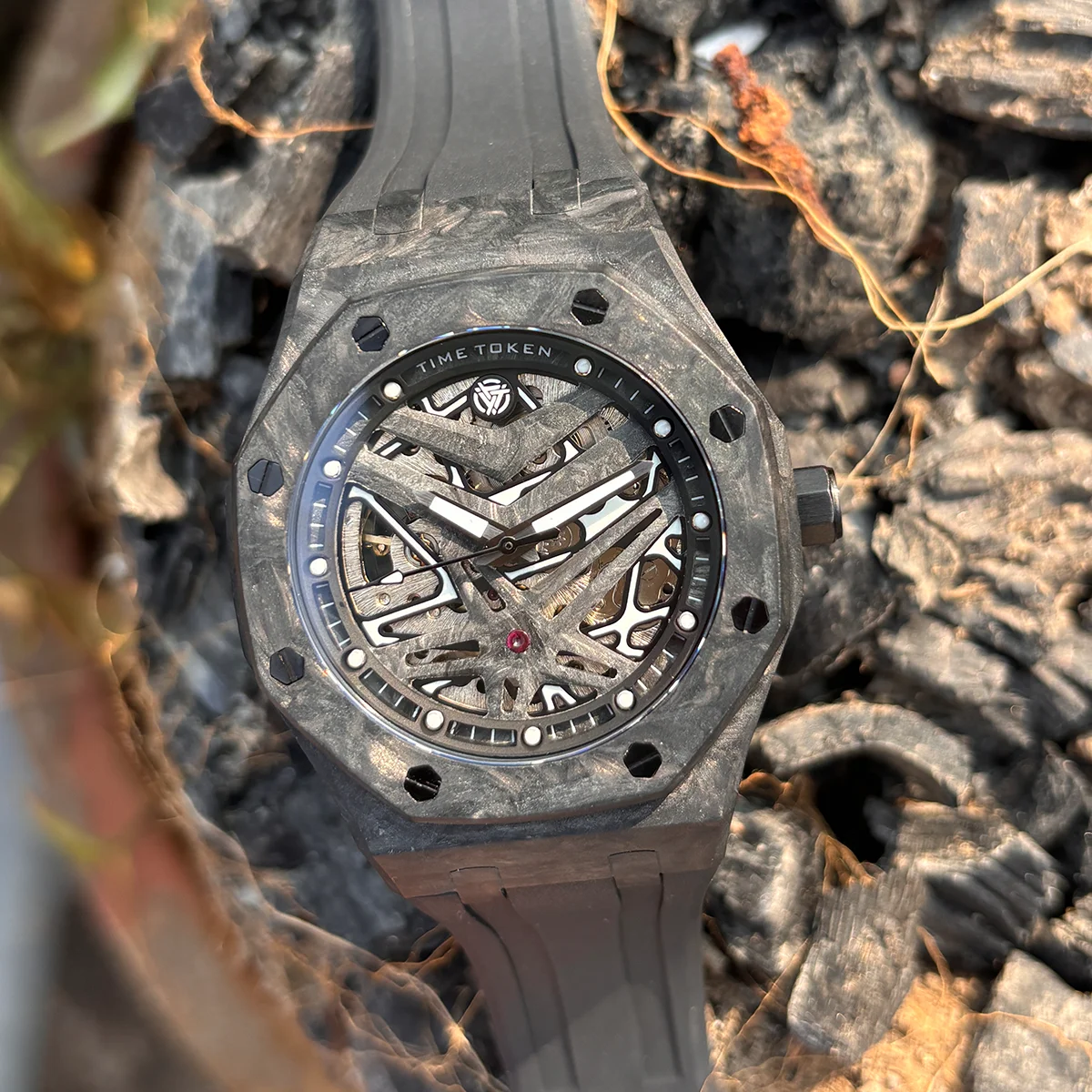 TIME TOKEN 44MM Big Dial Mens Automatic Watch Carbon Fiber Octagon Skeleton Hollow  Mechanical Watch 5ATM Waterproof  Watch T577