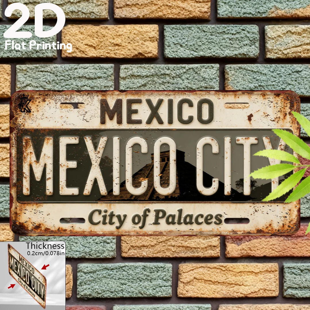 Placa Decorativa de Metal Vintage Durável AL Sign - Cidade do México, Cidade dos Palácios, Placa Rústica para Casa, Escritório, Bar, Caverna do Homem