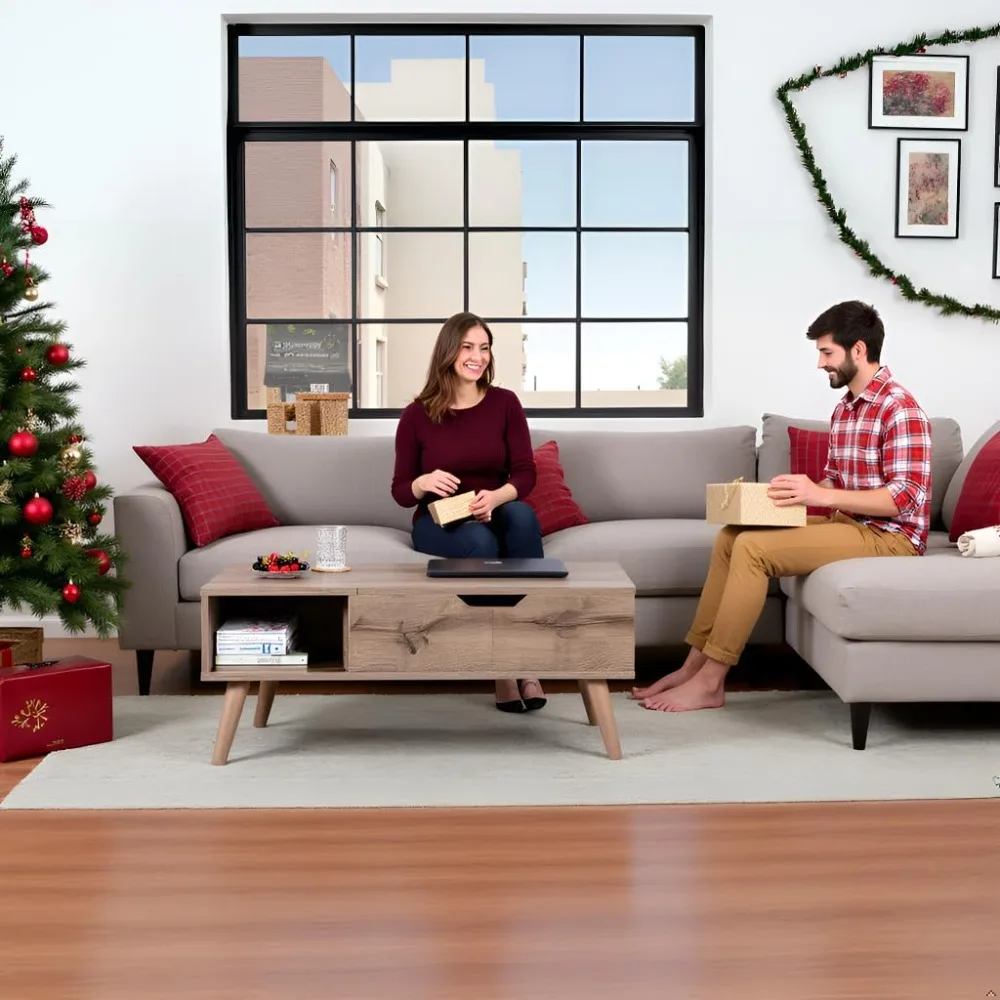 Lift-Top Coffee Table with Hidden Storage and 2 Open Cubbies, Coffee Table with Storage for Living Room, Center Table for Living