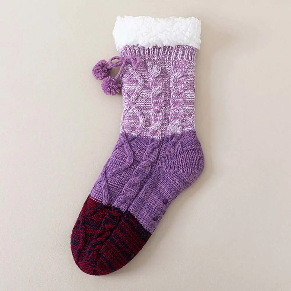 Fashion Patchwork Thick Thermal Socks Anti Slip Knitted Plush Floor Socks Warm Hosiery Winter Strip Socks Gifts