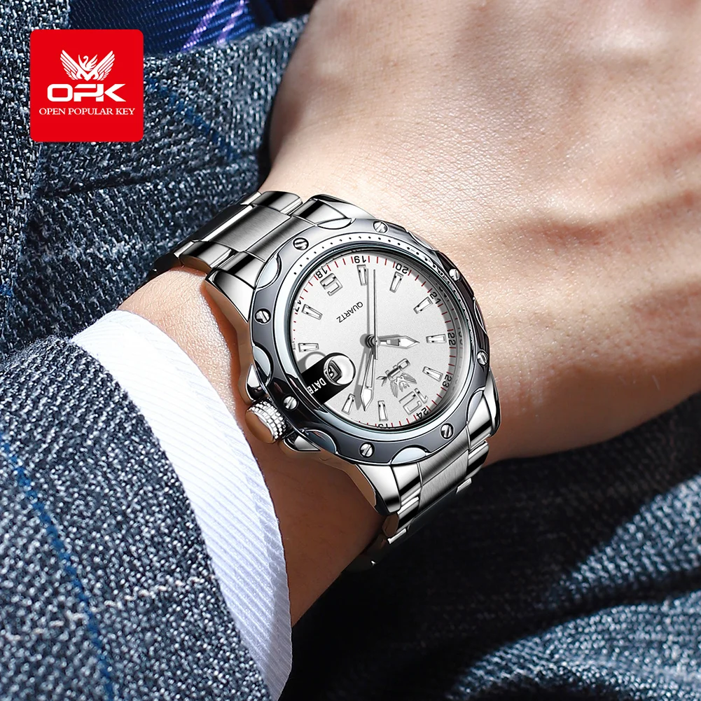 OPK Men's Watches Auto Date Trendy Stainless steel Leather Strap Quartz Watch for Men