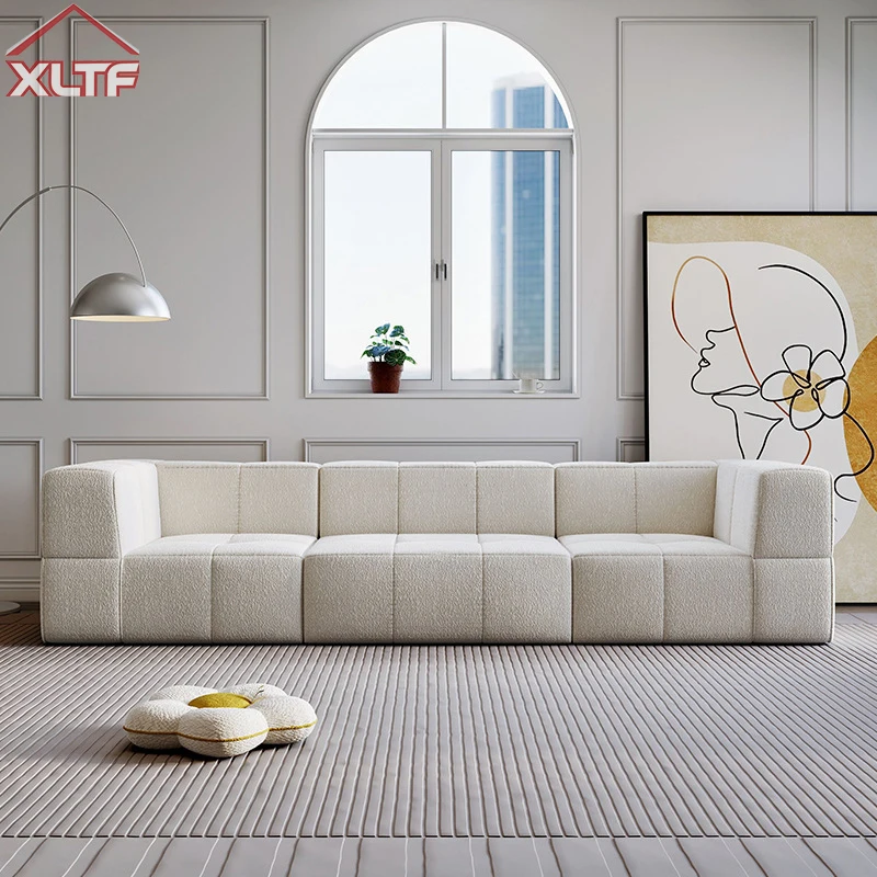

Home Living Room Cream Candy Fabric Two Seat Square Sofa with Sponge Filling Straight Row Lamb Fleece Vacuum Compression