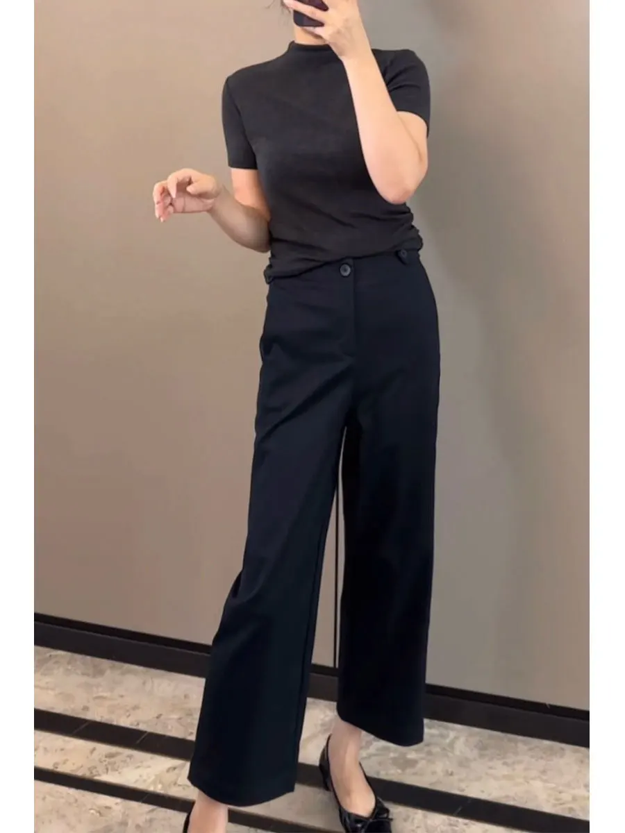 

High Waist Loose Fit Waed Cotton Breadsti Pants Women's Straight Leg Casual Trousers Faionable Nine Point Length