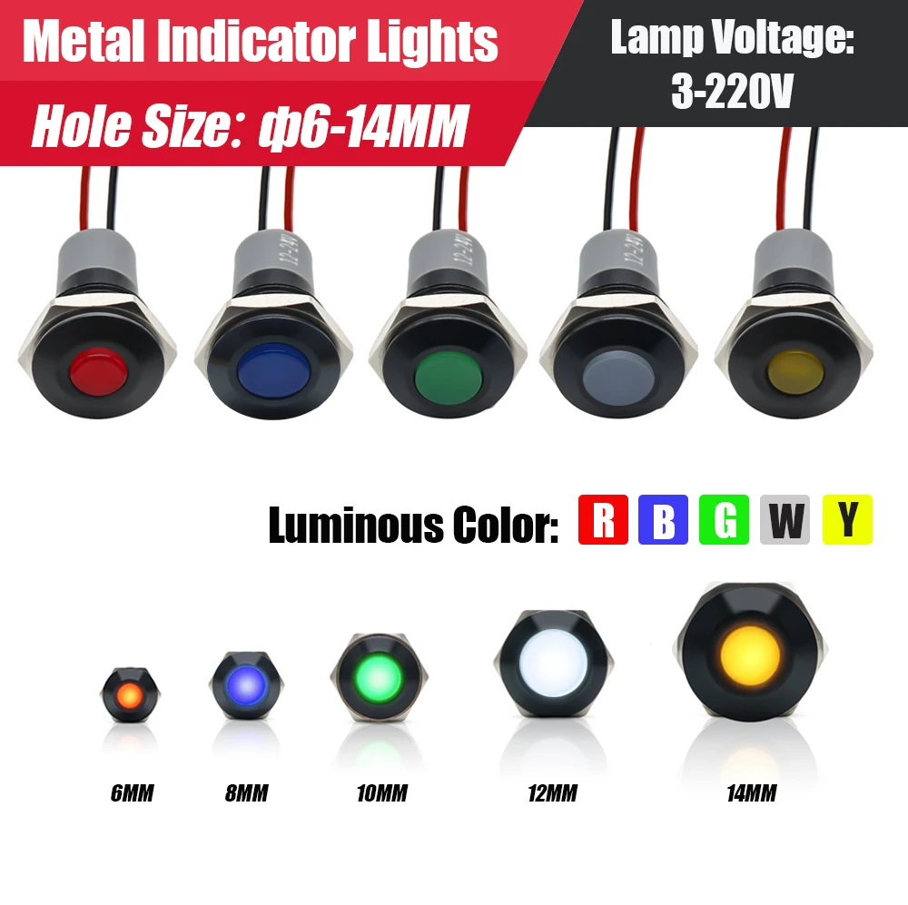 Flat Head Black Body Waterproof IP67 Metal LED Warning Indicator Light Signal Lamp Pilot Wire 3-6V 12-24V 220V Red Blue Green