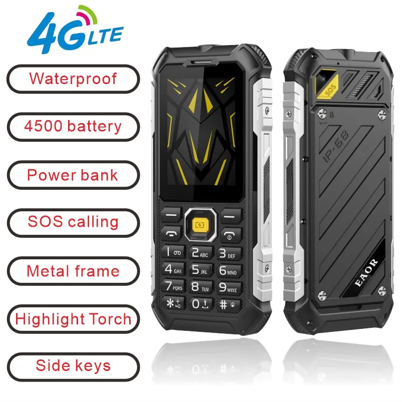 EAOR 4G Feature Keypad Waterproof IP68 4500mAh Power Bank High brightnessTorch Volume side key SOS One Click Dialing phone