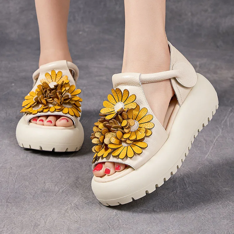 XMWRLW 2026 Genuine Leather Women Summer Sandals Shoes Retro Style Thick Sole Female Handmade Shoes Women Summer Sandals Shoe