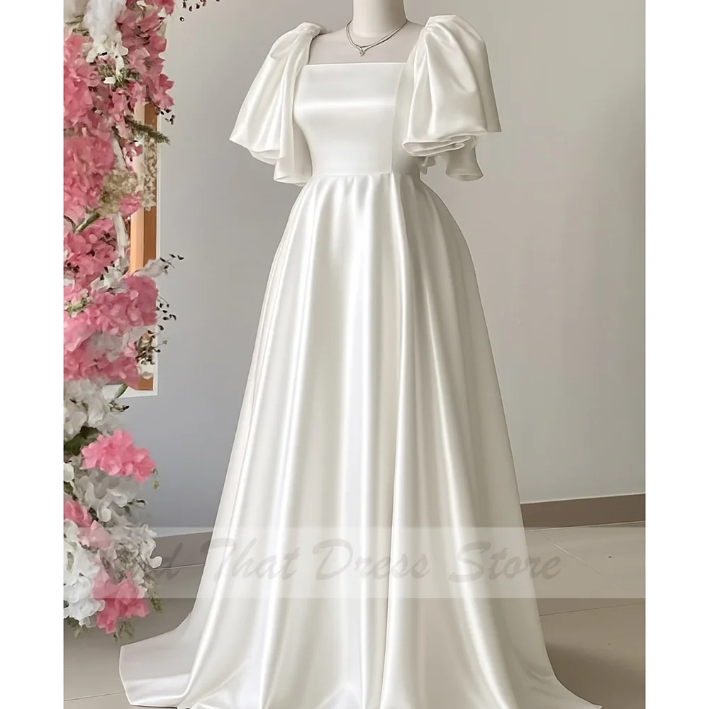 Custom Made Square Collar Satin High Quality Classic Evening Dress with Short Sleeve Backless Draped Floor Length Prom Party