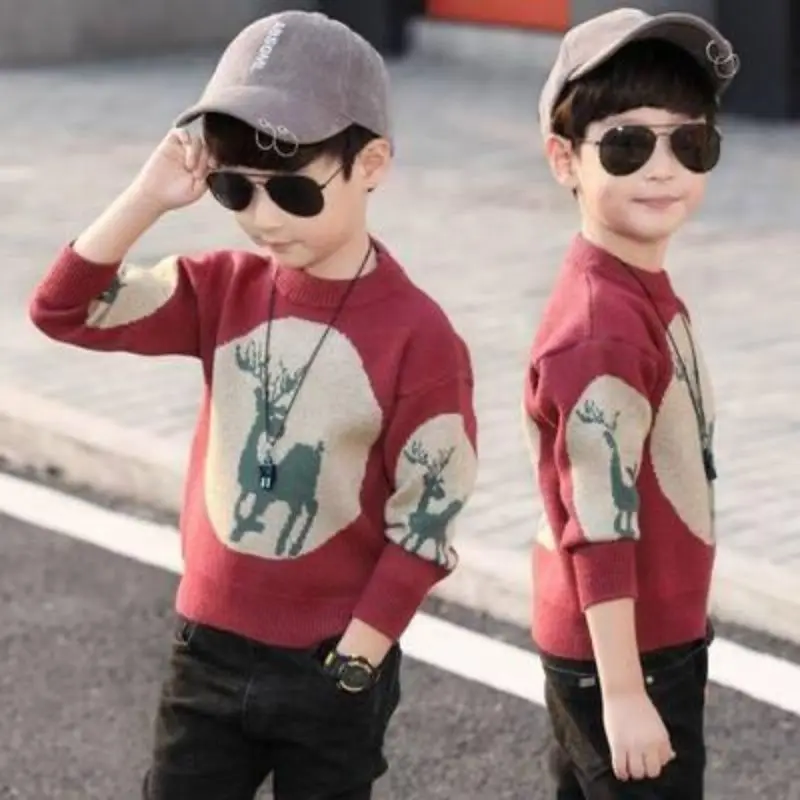 

2025 New Boys' Sweater Kids' Pullover Spring Autumn Deer Print Fleece-Lined Thickened Warm Knitwear Stylish Fashion