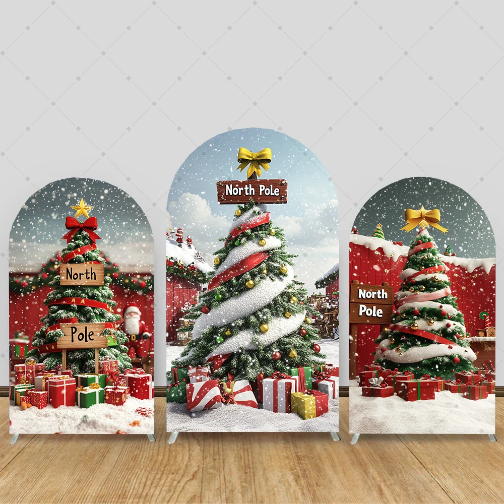 

2-sided arch North Pole Christmas Backdrop Xmas Tree Snow Scene Photography Background Props Family Xmas Eve Party Decors