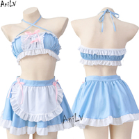 Kawaii Girl Anime Cafe Clerk Maid Unifrom Outfits Women Cute Lolita Blue Pajamas Pool Party Waiter Costumes Cosplay