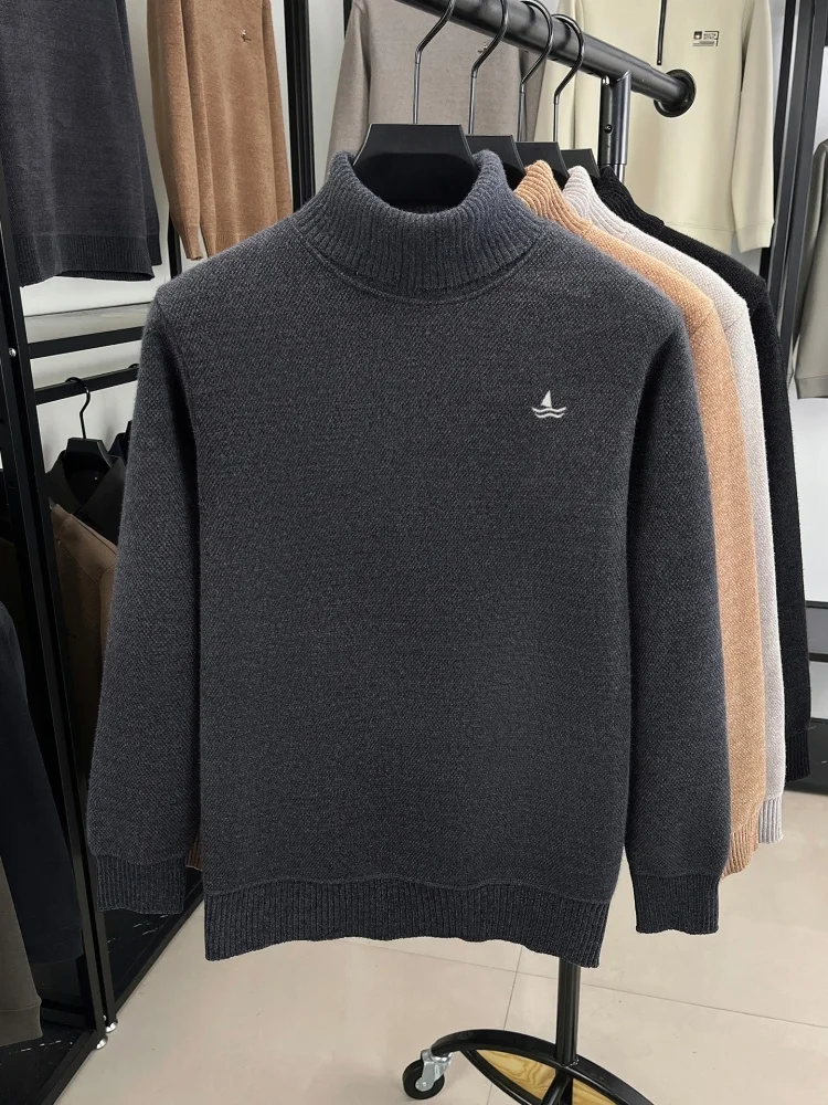 Advanced trend knitted high neck sweater men's luxury brand soft comfort plush warmth new sailboat embroidery casual pullover