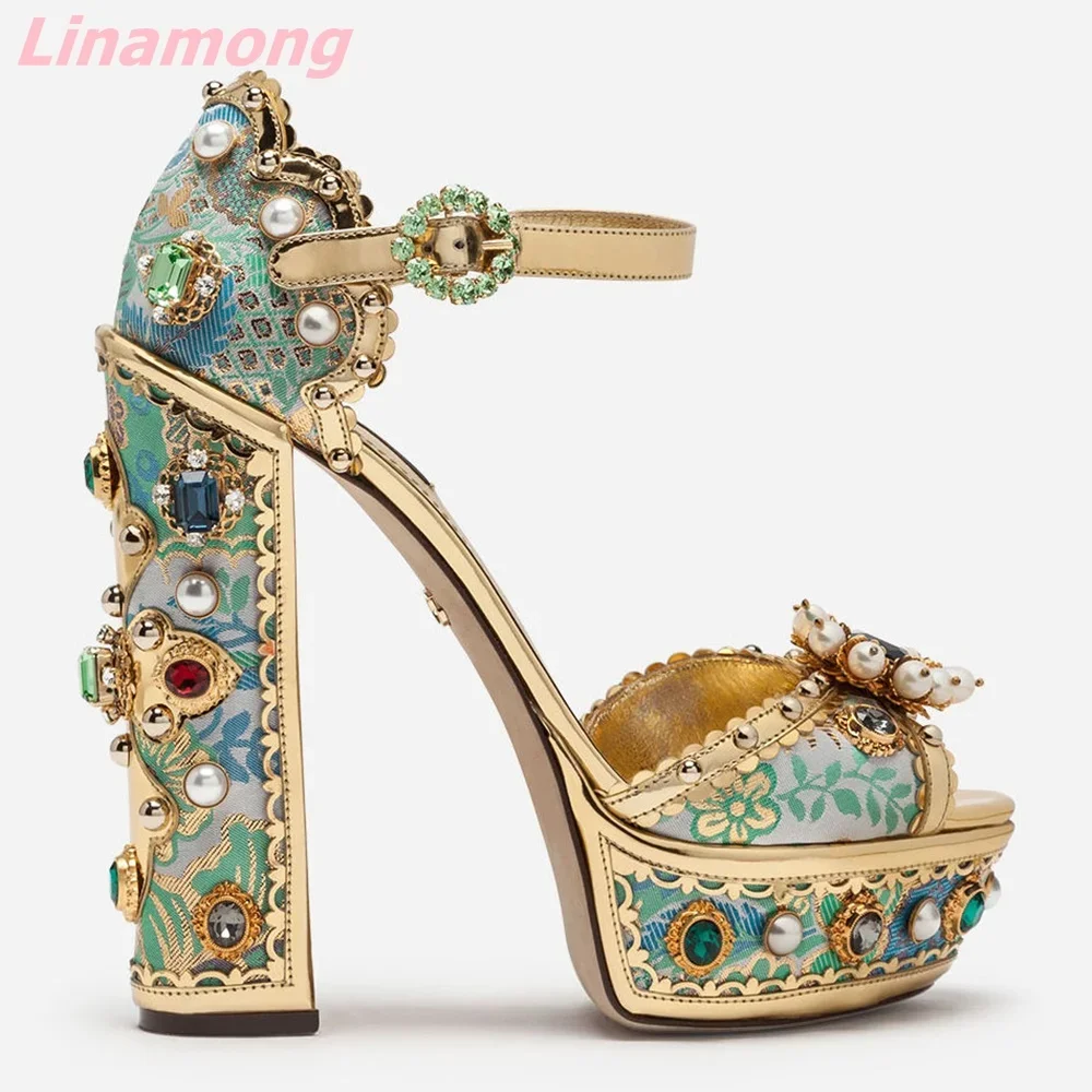 Chinese Traditional Elements Sexy Square Heel Fashion  Womem  Shoes Waterproof Platform Peep Toe BlingBling Hot Sale In 2024