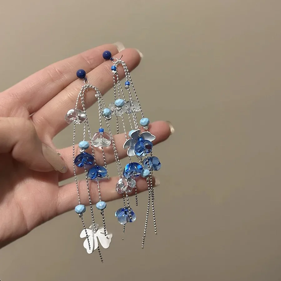 

Temperament Mini Blue Acrylic Flowers Tassel Earring Dangle Bohemian Glass Beads Long Earrings for Women Girls Vacation Jewelry