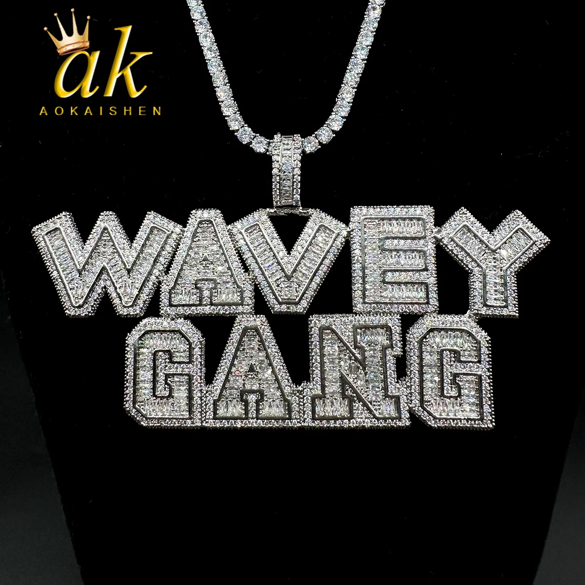 

Aokaishen Two Tone Custom Name Plates Necklace for Men Baguette Iced Out Personalized Pendant Prong Setting Hip Hop Jewelry