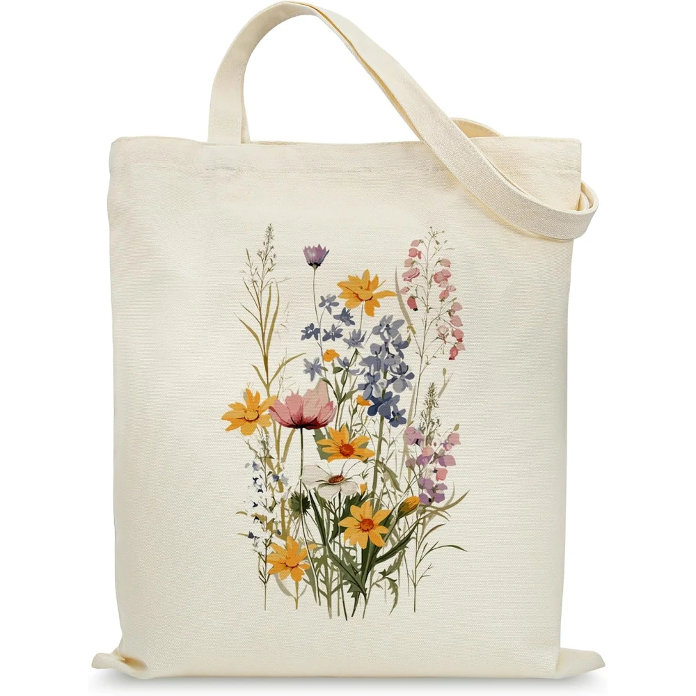 Wildflower Tote Bag, Vintage Botanical Print Canvas Shopping Bag, Nature Lover Shoulder Bag
