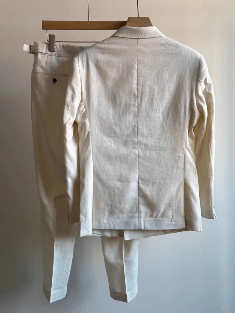 Spring Summer Thin Men Double Breasted Linen Blazers Suits Breathable Fashion Two-Piece Set Casual Full Length Pants Outfits