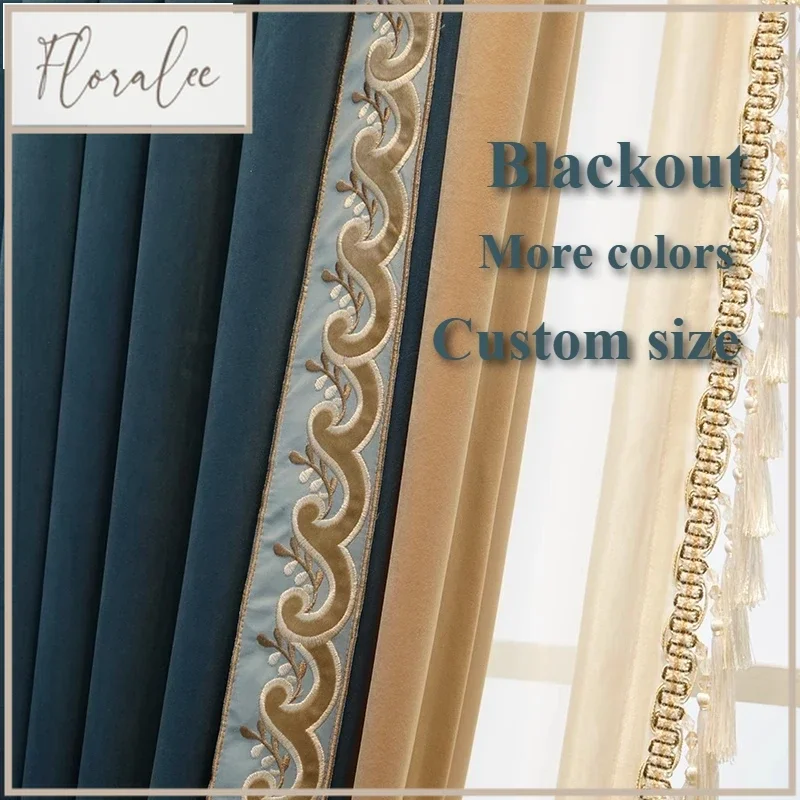 European Leaves Green Velvet Luxury Blackout Curtains For Living Room Bedroom Dining Hall Retro Decor Custom Size White Tulle