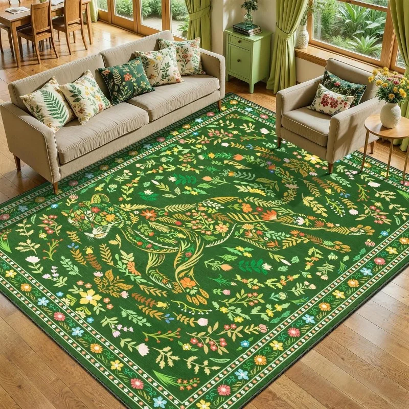 Green Botanical Tiger Floral Area Rug Boho Jungle Animal Print Non-Slip Soft Indoor Carpet Living Room Bedroom Home Decor Mat