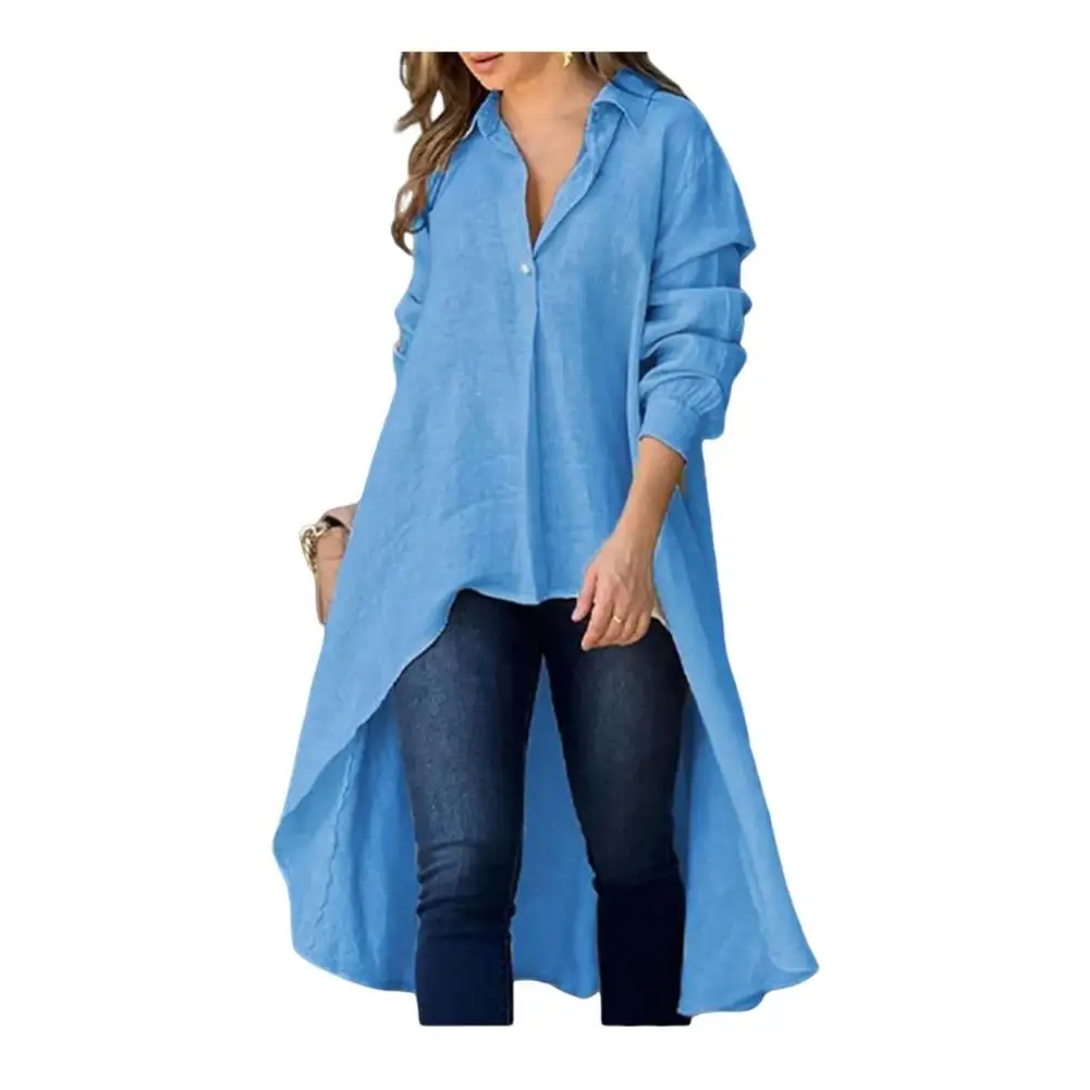 Thin Shirt Tops Women Tops Elegant Women's Lapel Button Neckline Long Sleeve Shirt with Irregular Hem Loose Fit for Workwear