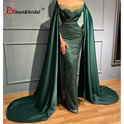 Elegant Green Beads Evening Dress with Cape Sleeves 2024O Neck Mermaid Sequin Arabic Long Formal Prom Party Gowns Customized