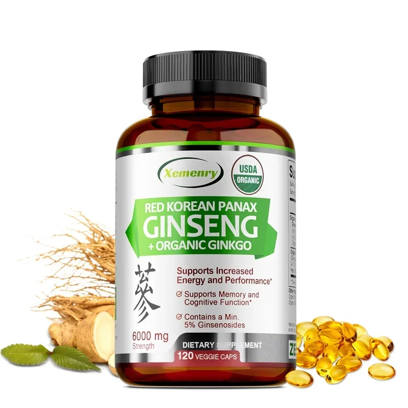 

120pcs Red Korean Ginseng + Organic Ginkgo - Supports Increased Energy, Mood, Endurance and Performance, Improved Muscle Mass