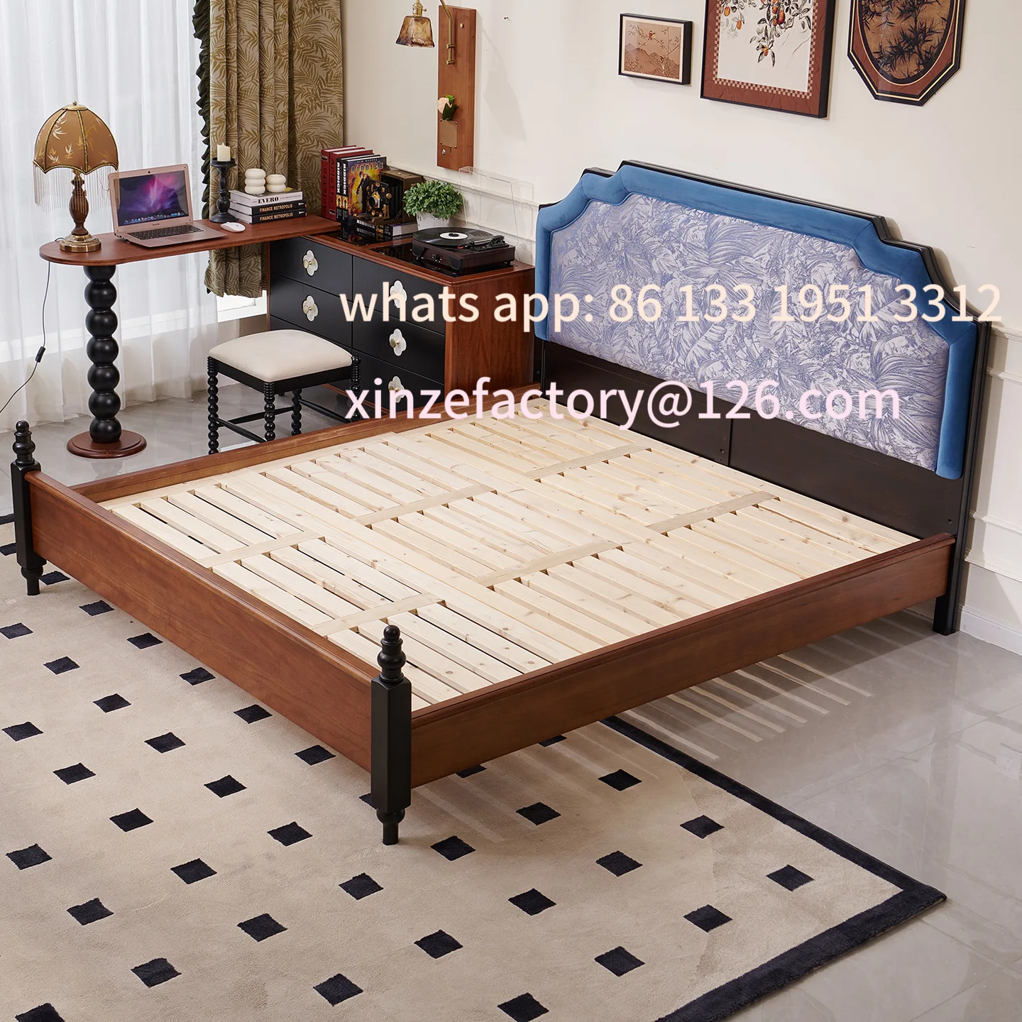 سرير من الخشب الصلب قابل للتخصيص مزدوج 1 متر 8 سرير مزدوج للمنزل الرئيسي شقة صغيرة كلاسيكية حقيبة ناعمة أثاث غرفة النوم
