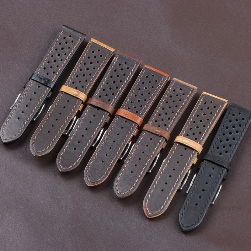 빈티지 정품 가죽 스트랩 남성 여성 18mm 20mm 22mm 유니버설 소 가죽 시계 밴드 통기성 팔찌 스포츠 손목 벨트 액세서리