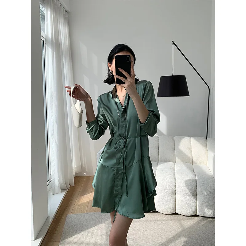 

New Dress with Shirt Skirt Ruffled Female Lapel Long Sleeve Dress Simple Elegant Skirt