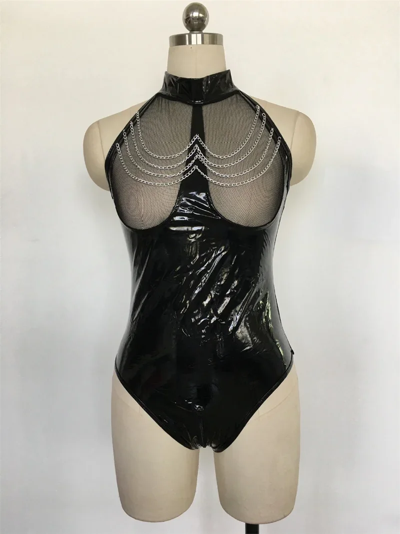 Sexy Backless Cadeia Trim Bodysuit das mulheres, See-through Mesh Splicing, macacão de couro envernizado, desgaste erótico, feminino Biker Suit