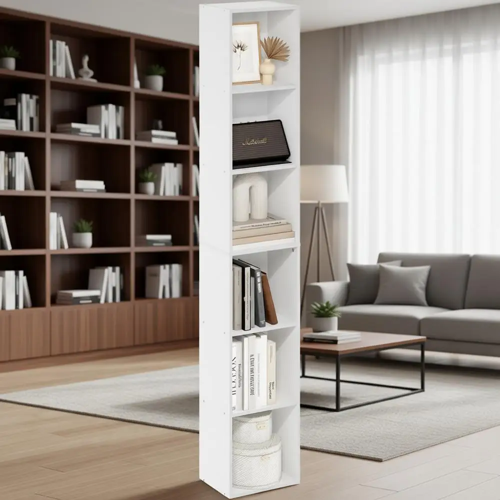 

6-уровневая высокая книжная полка, открытые полки для гостиной, спальни, домашнего офиса, белая