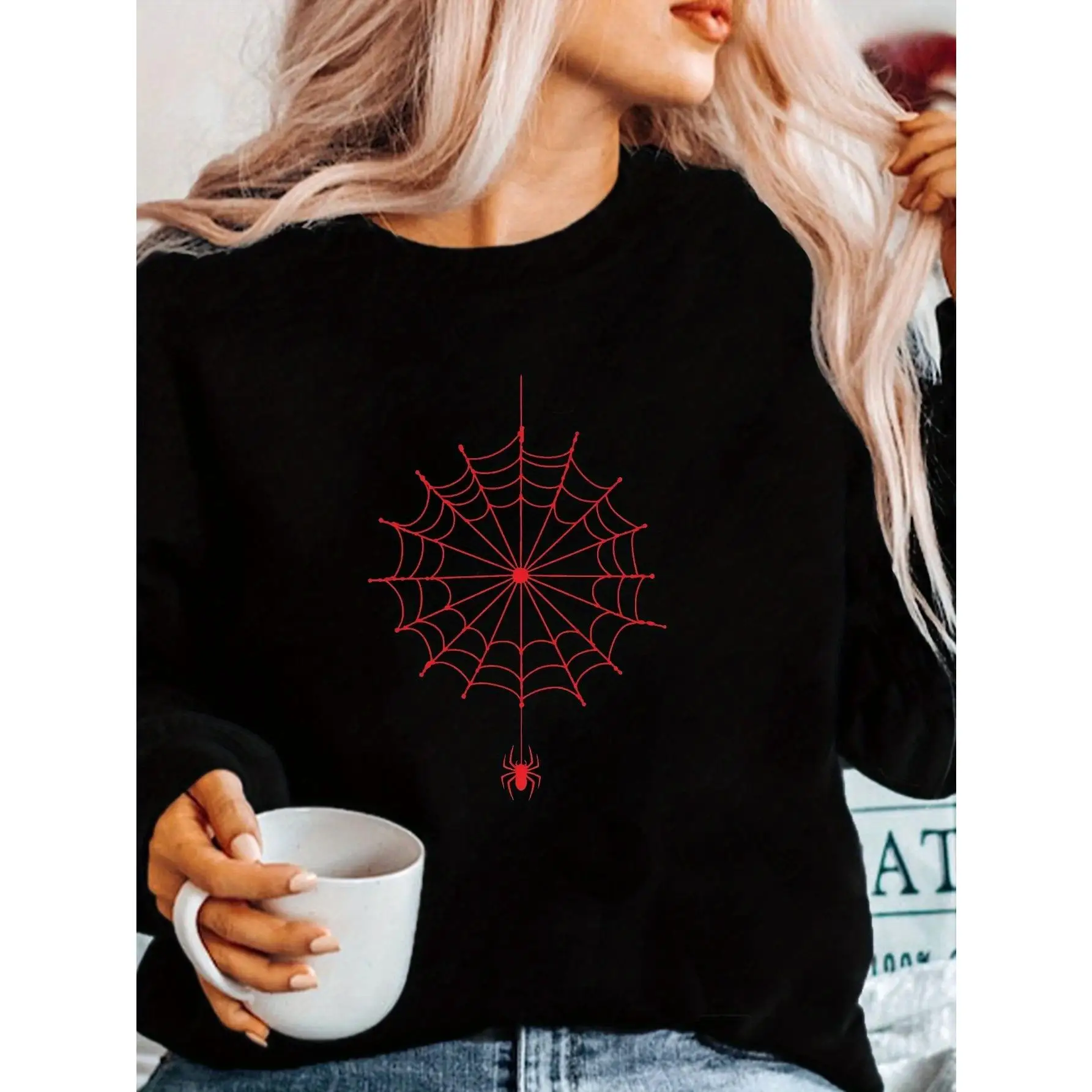 

Spider Web Halloween Sweatshirt | Women's Simple Red Spider Crewneck Jumper | Horror Themed Fall Party Oversized Pullover