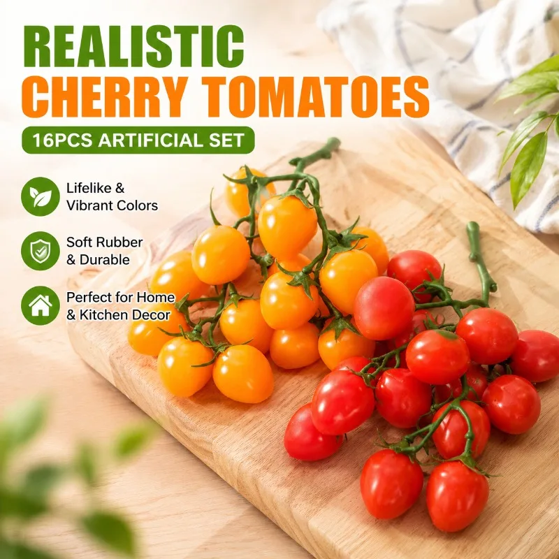 Artificial Cherry Tomatoes Simulation Vegetables Food Model Plastic Soft Rubber Decor for Home Kitchen Display