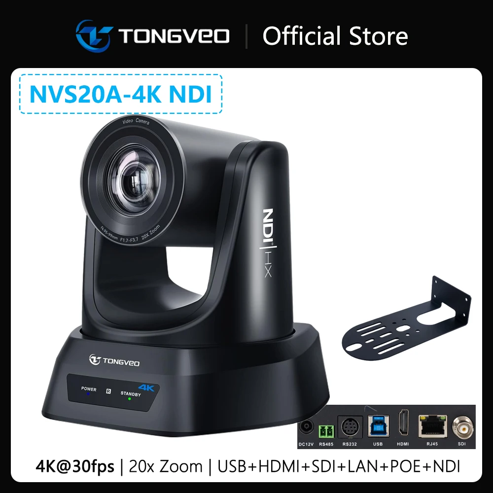 4K NDI PTZ Camera AI Auto-Tracking 20X Optical Zoom HDMI IP Live Streaming SDI USB3.0 PoE LAN Supports for Church Worship