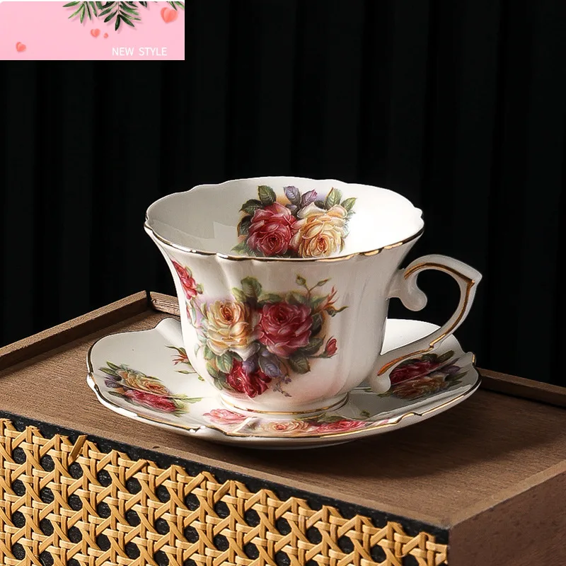 

British Coffee Cup and Saucer Vintage Rose Flower Light Luxury Cup& Saucer Gold Ceramic Mug Home Golden Edge Afternoon Teacup