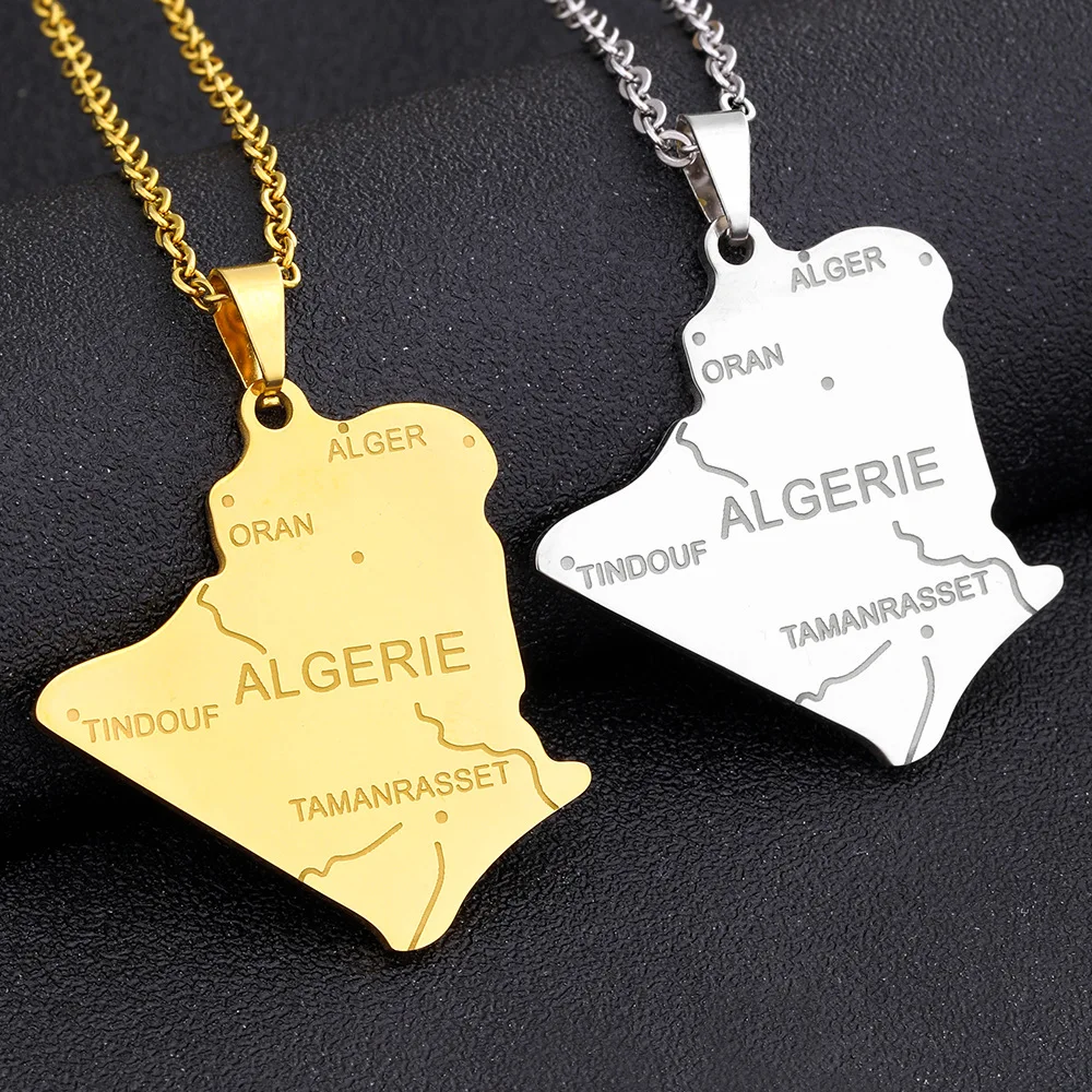 European, American stainless steel Algeria map pendant necklace ethnic style men's and women's couple necklace trendy jewelry