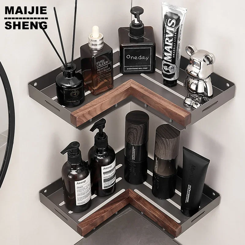 Bathroom Shelf Corner Space Aluminum Wood Bathroom Triangle Basket Shower Room Storage Rack Wall Mounted