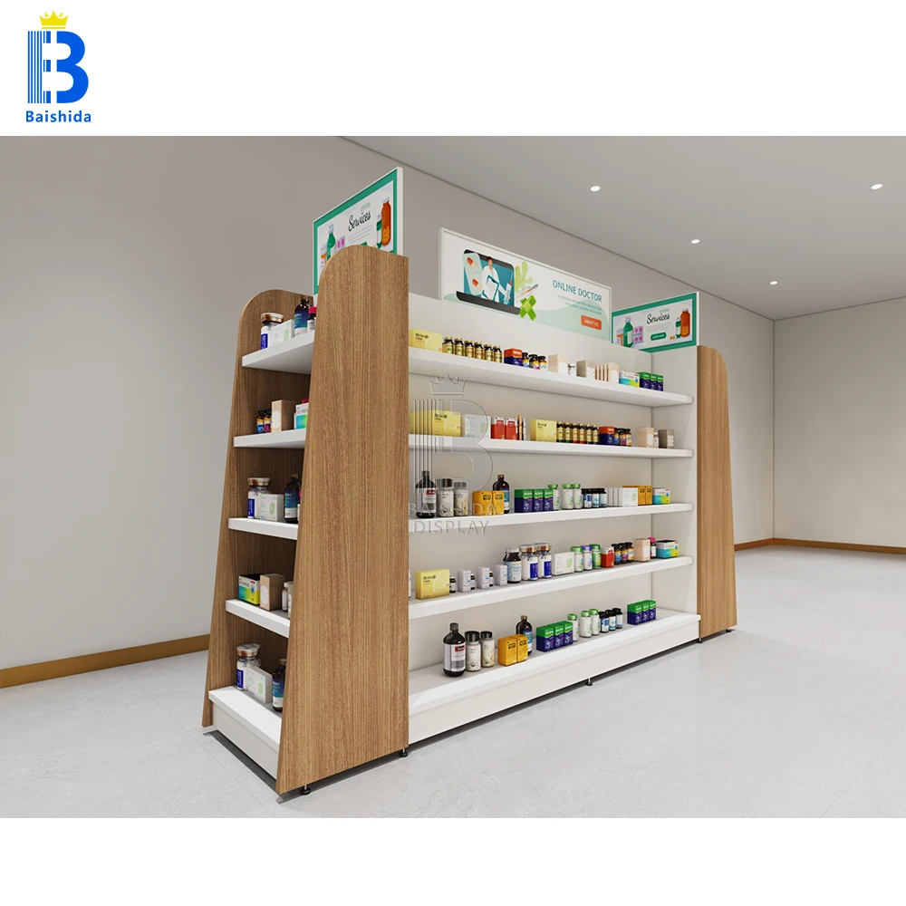 ร้านขายยาโต๊ะแสดงการดูแลสุขภาพยาตู้โชว์ไม้ร้านค้าทางการแพทย์ผลิตภัณฑ์ดูแลจอแสดงผลรางคณะกรรมการตู้