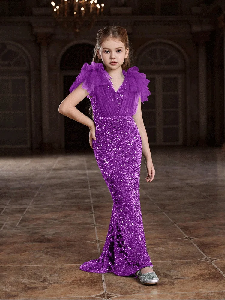 Girls Birthday Party Wedding Flower Girl Multi-Color Purple Mesh Evening Dress Girl Performance Dress