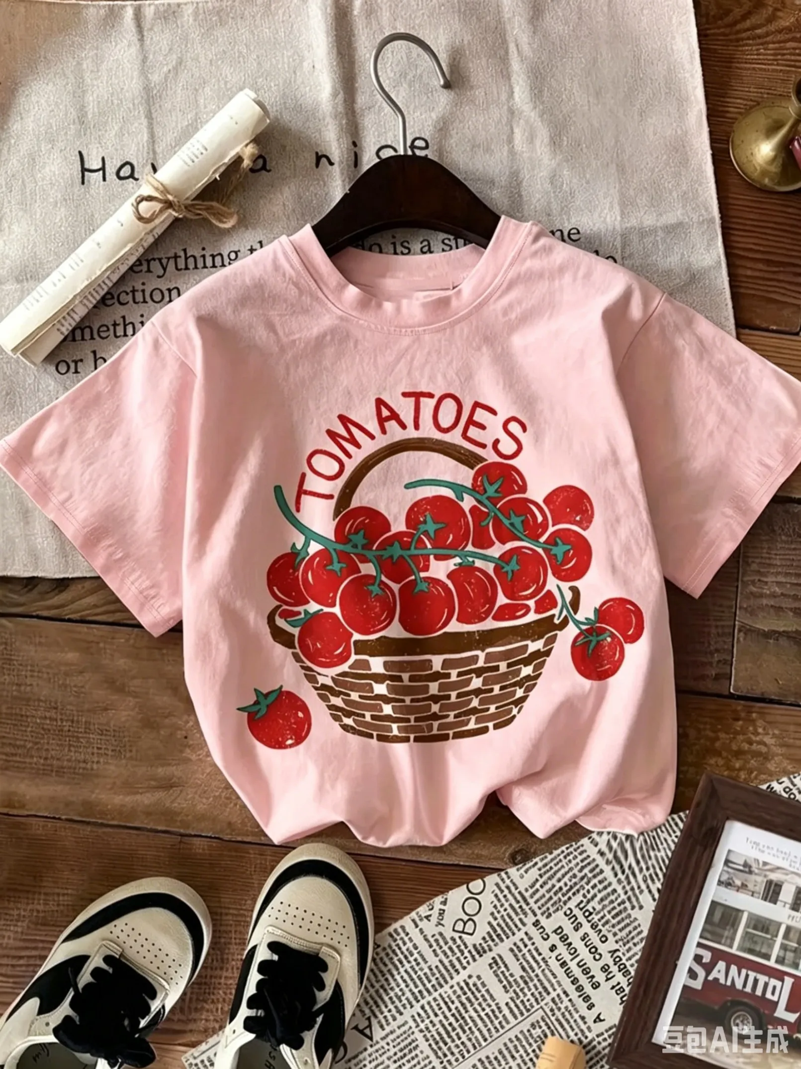 New Cotton T-shirt with Tomato Print for Kids, Casual Round Neck, Cotton Material, Suitable for Daily Wear, Spring Summer Autumn