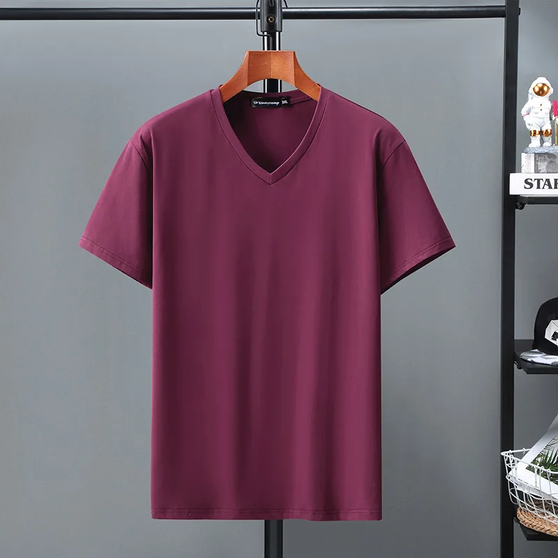 10xl 9xl youth men short-sleeved T-shirt tide V-neck plus size summer Solid Color Lycra cotton t-shirt loose 160kg