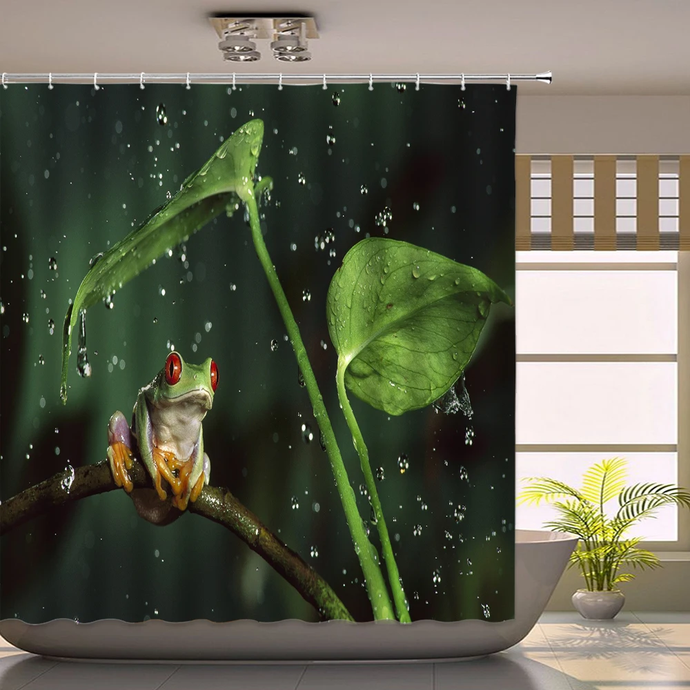 Tree Frog Sheltering From the Rain Under the Tree Shower Curtain Green Plant Leaf Spring Flower Floral Landscape Bath Curtain