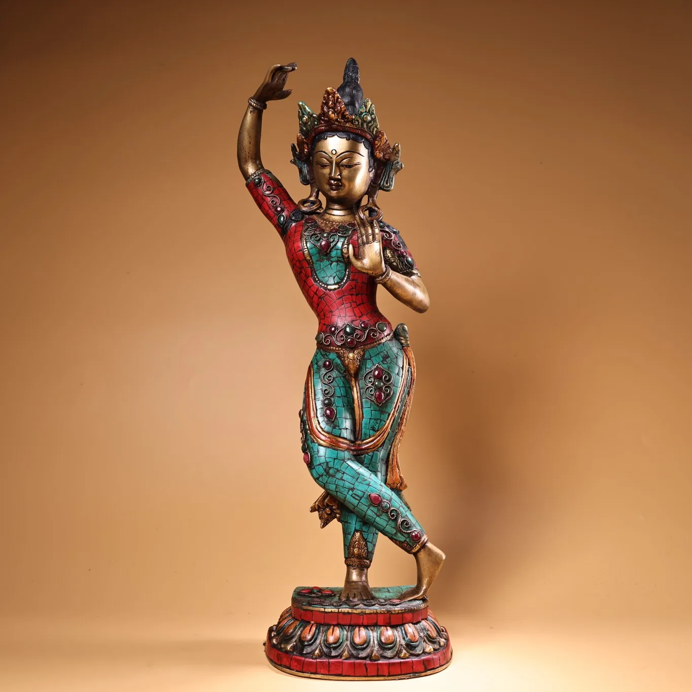 

21”Nepalese folk Old Bronze Outline in gold Mosaic Gem Turquoise Dance Goddess Green Tara Lotus Platform Buddha