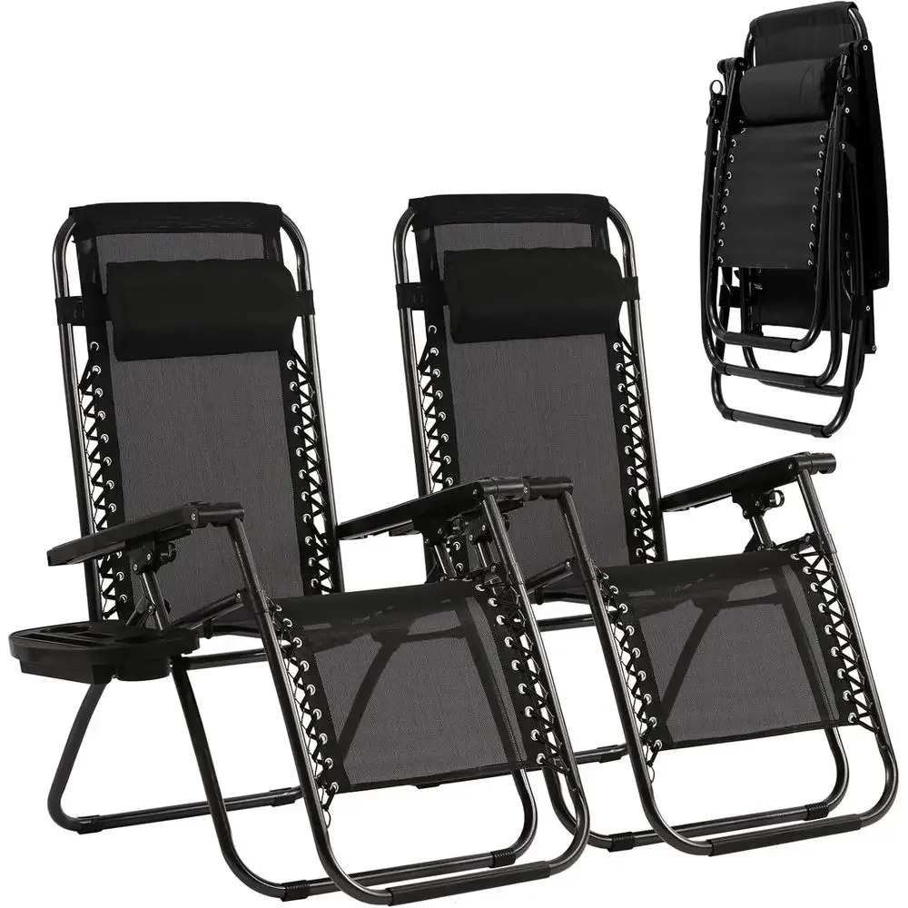 Pair of Reclining Outdoor Beach Lounge Chairs with Pillows and Cup Holders for Patio, Lawn, Pool, and Camping (Black)