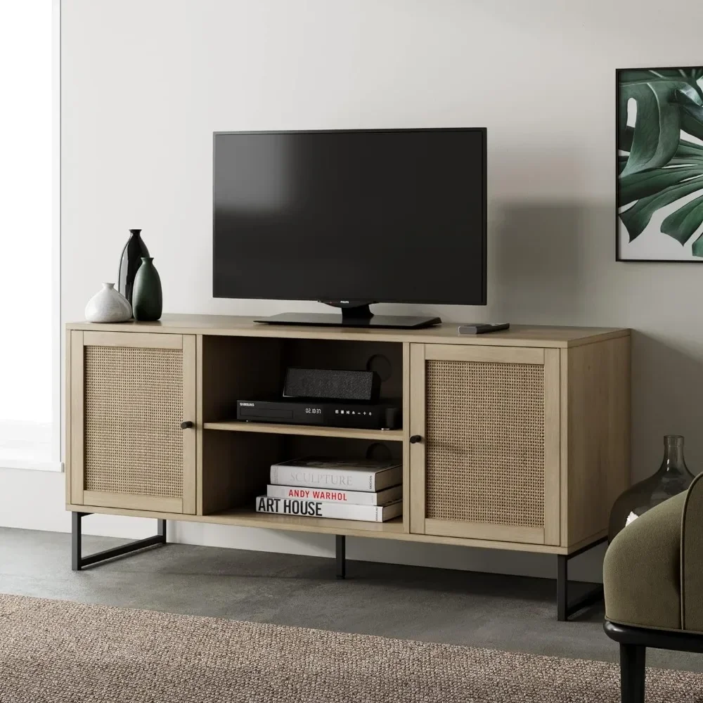 Soporte de TV moderno de Mina 74101, mueble de entretenimiento, consola de medios con acabado de madera de roble Natural y detalles en negro mate