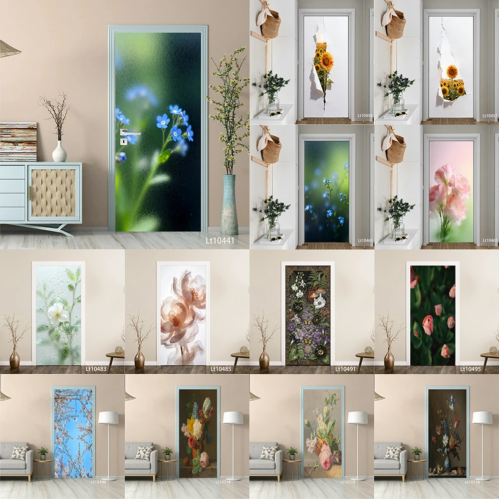 

Floral Door Sticker, Removable Peel and Stick Self Adhesive Wallpaper, Misty Flower Mural for Bedroom Living Room Home Decor