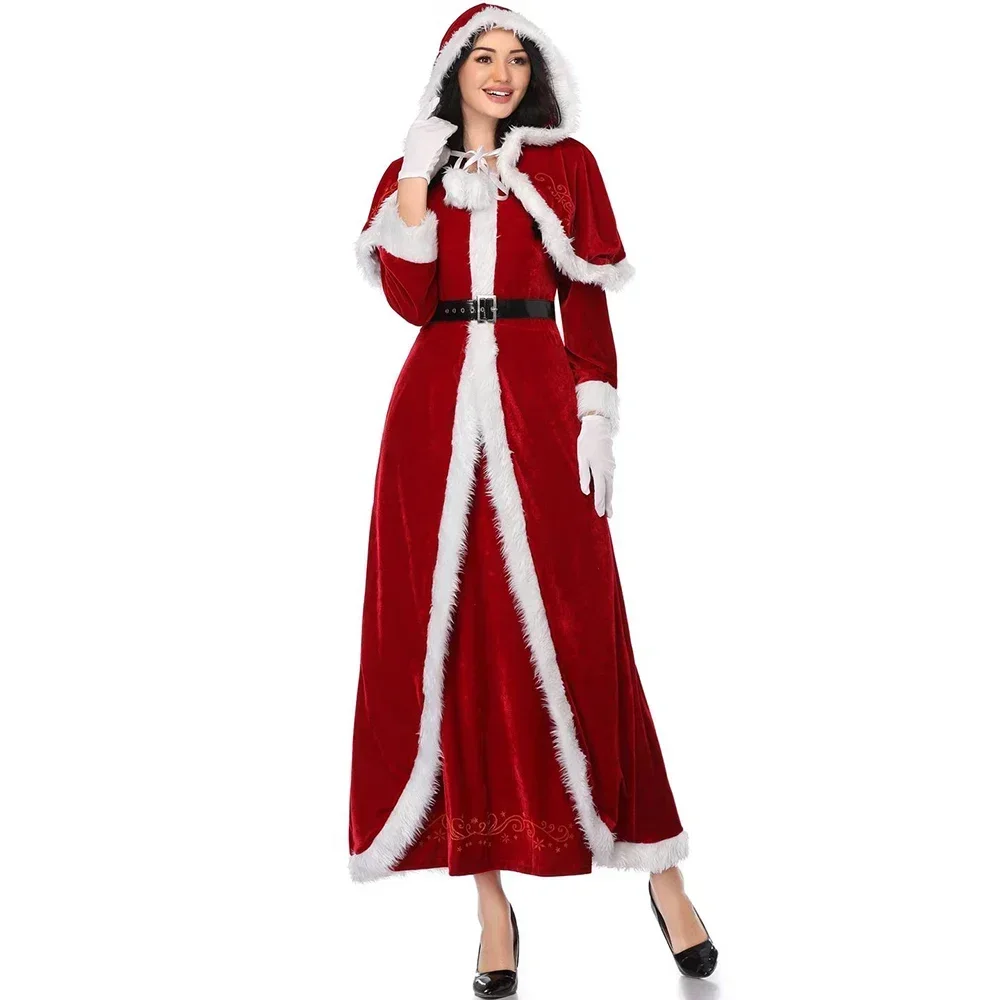 Costume cosplay di Babbo Natale di Natale Velluto rosso Lady Elegante abito lungo Natale Carnevale Festa Capodanno Prestazioni per donna