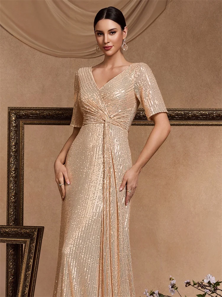 BLUEPLUM Luxury Floor Length V-Neck Gold Evening Dress Women Elegant Party Maxi Dress Sequin Short Sleeves Prom Cocktail Gowns