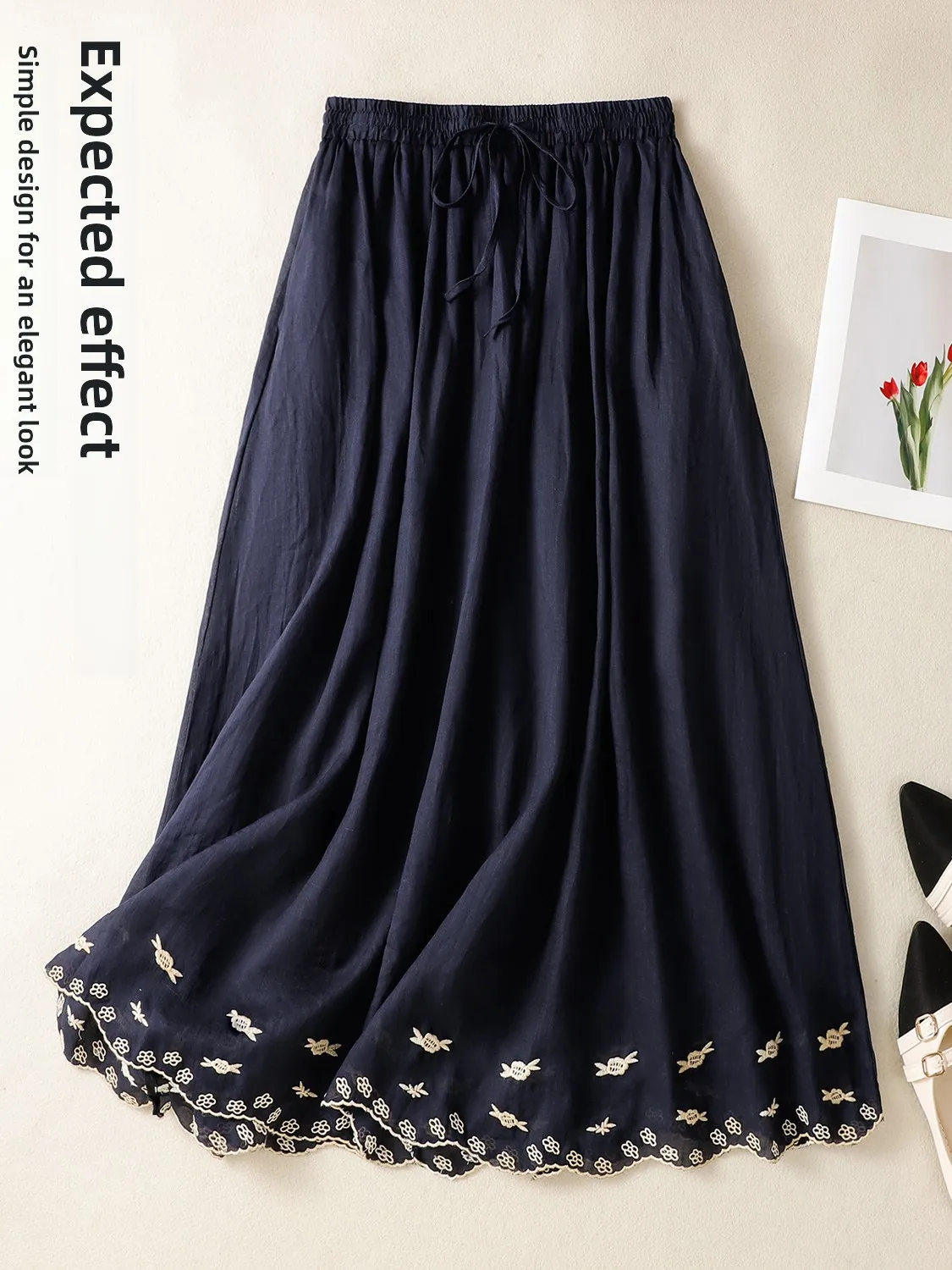 Saia E de Linho Bordada em A para Mulheres, Verão, Solta, Cintura Alta, Emaecendo, Flutuante, Saia de Aodão e Linh...