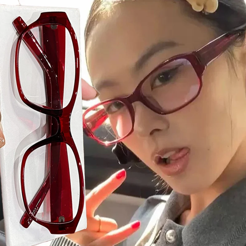 

Korea Retro Red Square Frame Glasses Women Girls Fashion Anti-blue Plain Eyeglasses Cute Spectacle Decorative Computer Eyewears