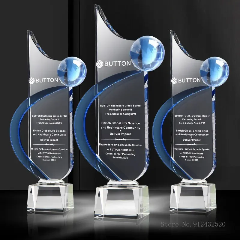 Customized Creative Crystal Trophy, Company Annual Meeting Outstanding Award Souvenir, High-End Home Decorative, Blue Earth, 1PC